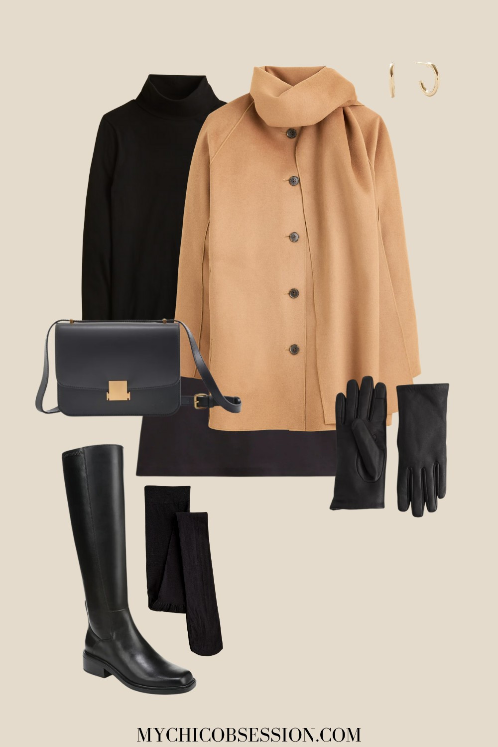 Style a scarf coat for winter with a black mini skirt, turtleneck, gold hoops, leather gloves, and knee-high boots. Accessorize with tights and a leather bag! 

 #LTKSeasonal