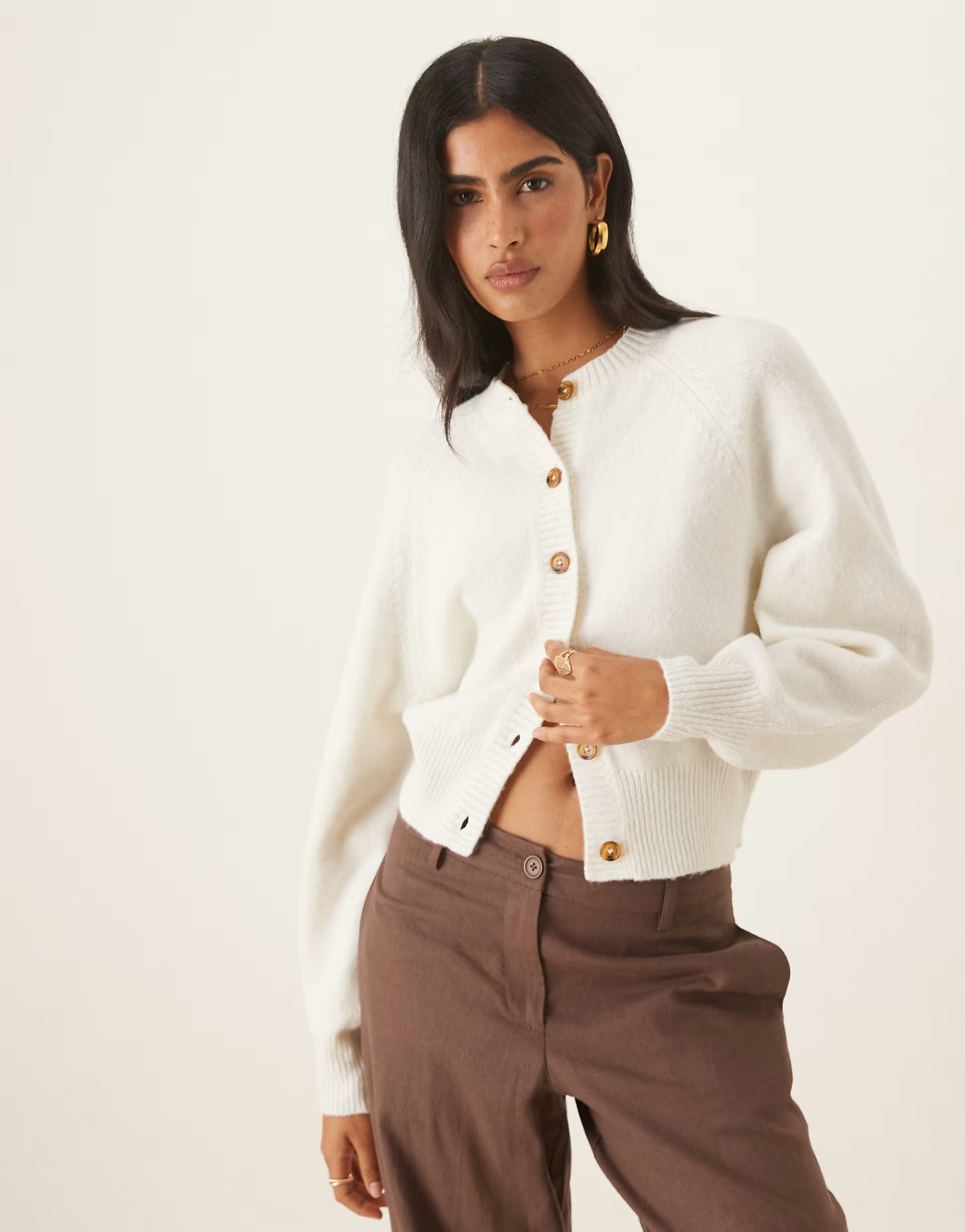 ASOS DESIGN crew neck cardigan with raglan sleeve detail in cream | ASOS (Global)