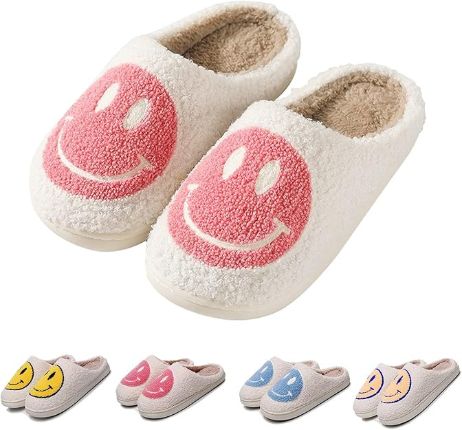 FACAXEDRE Smile Face Slippers for Women - Indoor Outdoor Retro Happy House Slides, Soft Fluffy Cu... | Amazon (US)