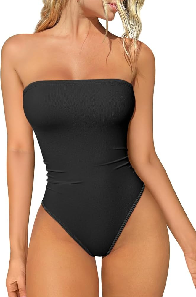 OQQ Womens Tube Bodysuits Strapless Basic Sleeveless Ruched Stretch Classic-Fit Tops Sexy Bodysui... | Amazon (US)