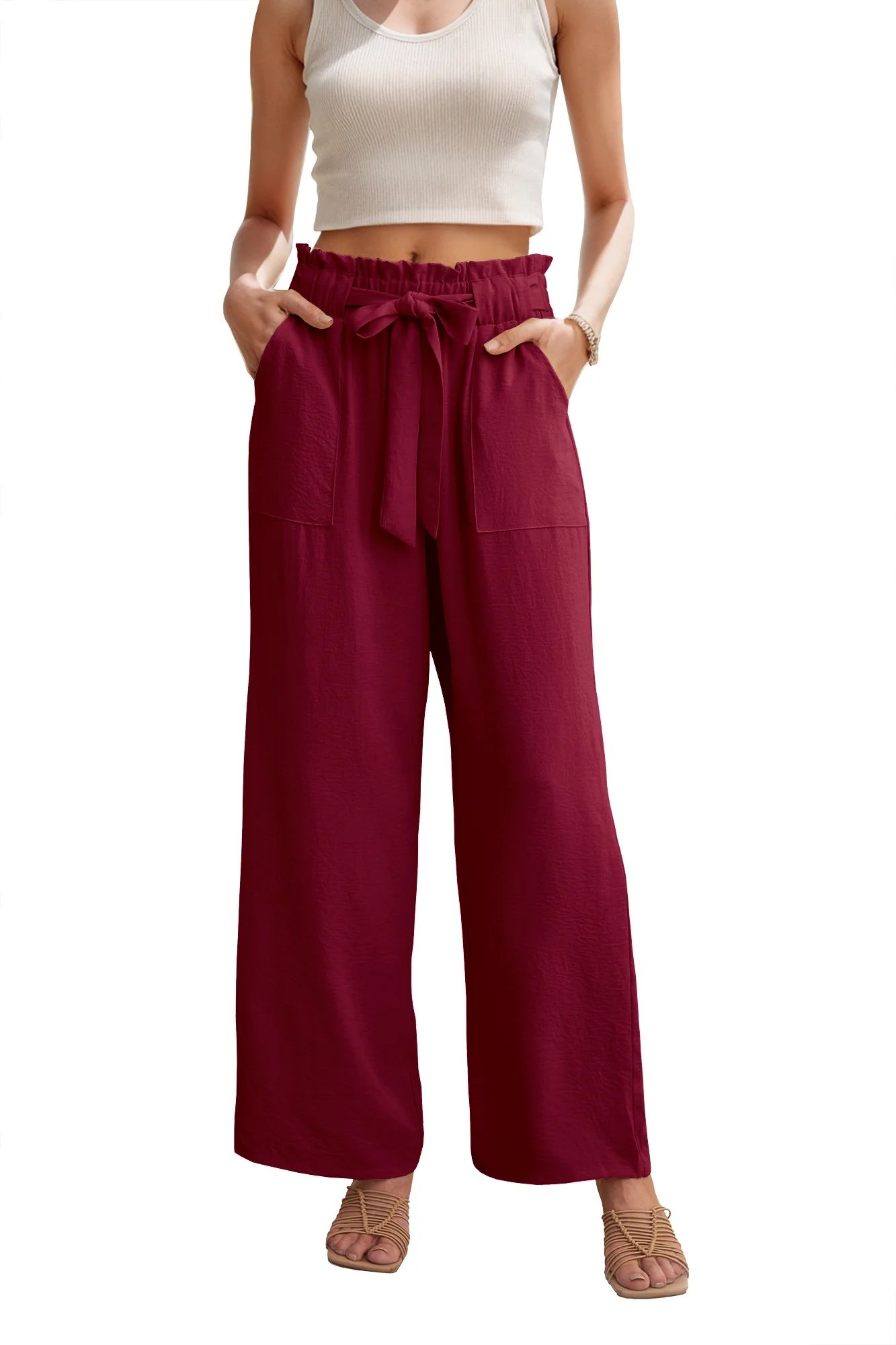 JWD Women's Wide Leg Pants With Pockets High Waist Adjustable Knot Loose Casual Trousers Business... | Walmart (US)