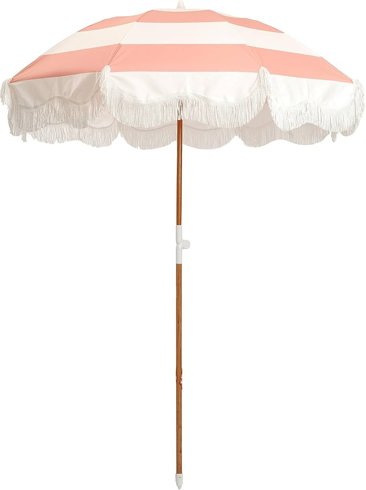 Business & Pleasure Co. Holiday Umbrella - Boho Beach Umbrella with White Fringe, UPF 50+, 1" Til... | Amazon (US)