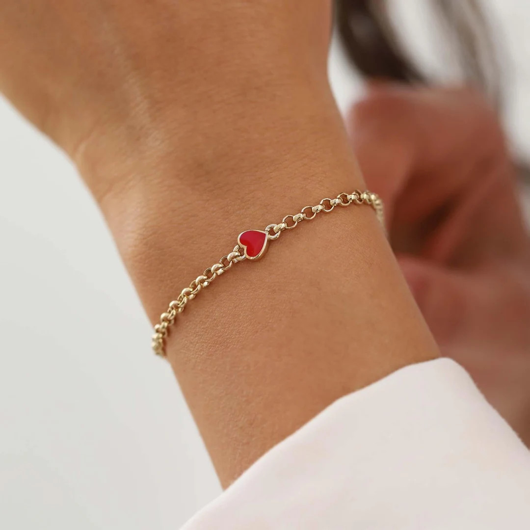 14K Real Gold Heart Bracelet, Red Heart Bracelet, Gold Rolo Link Chain Bracelet, Gold Doc Bracele... | Etsy (US)