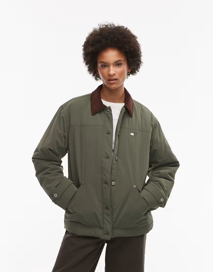 Tommy Jeans cord collar chore jacket in khaki green | ASOS (Global)