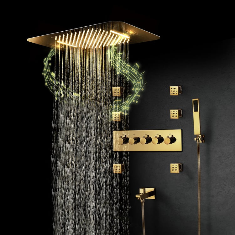 Wall-Mounted Shower System in Gold Thermostatic 4 Functions 23" | Homary