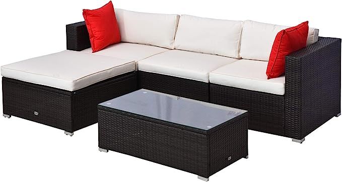 Outsunny 5 Piece Outdoor Patio PE Rattan Wicker Sofa Sectional Furniture Set, Brown/Cream White | Amazon (US)