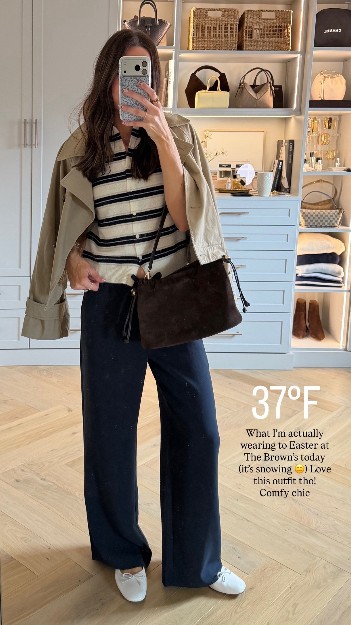 Short sleeve cashmere cardi: true to size (S)
Lodge pants (wrinkle free!!): true to size (S) 
White flats: true to size (so comfy and no breaking in period) 
Cropped trench coat: true to size (S) 

#LTKSeasonal #LTKmomlife #LTKootd