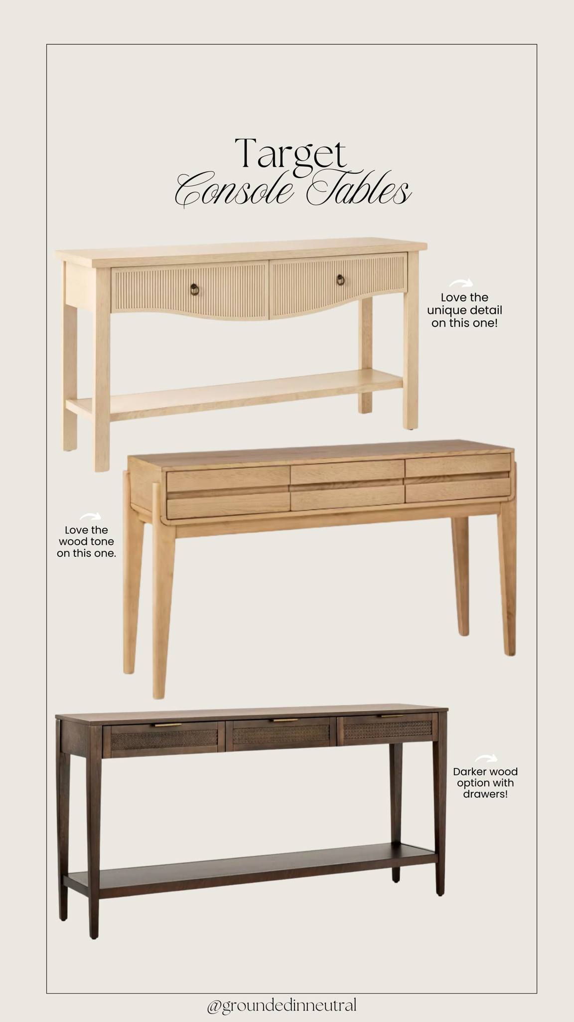 Target console tables I’m loving lately. 🤎

Console table, sofa table, target home finds 

#LTKHome #LTKStyleTip