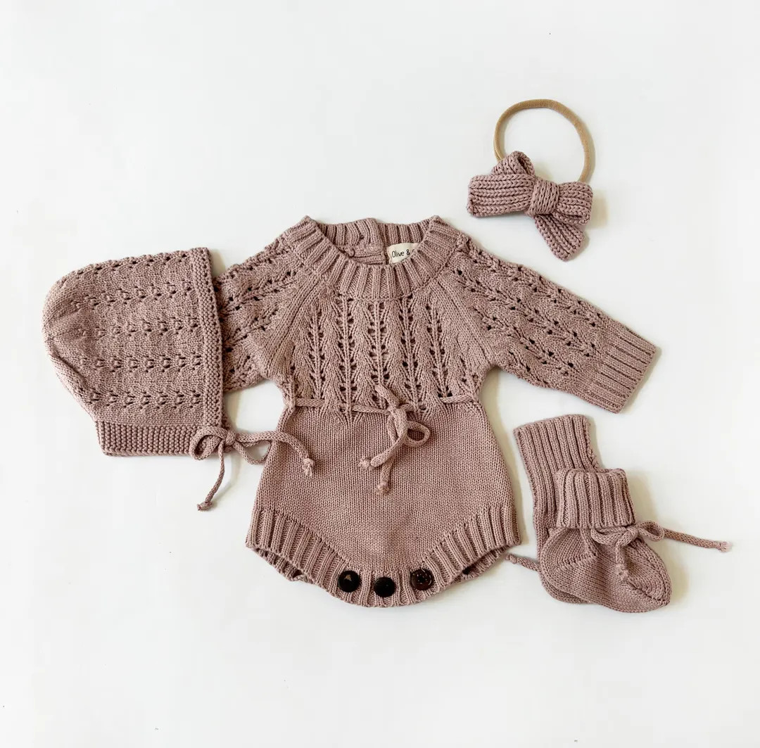 Baby Girl Knit Lace Romper Set Options ZOYA Romper MAUVE - Etsy | Etsy (US)