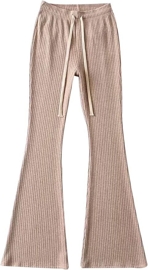 Gihuo Women' s Ribbed Knit Bell Bottom High Waist Stretchy Pants | Amazon (US)