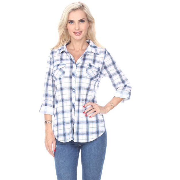 Women's Oakley Stretchy Plaid Tunic Top with Pockets - White Mark | Target