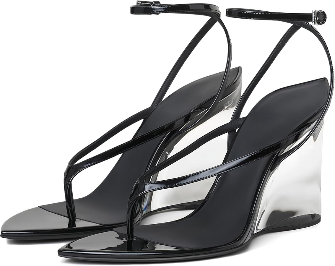 Amazon.com | Fuazuzu Women's Wedge Heels Sandals Strappy Open Toe Flip Flops Thong Clear Heeled Sandals Cute Summer Party Fashion Daily Dressy Shoes, Black, 7.5 | Heeled Sandals | Amazon (US)