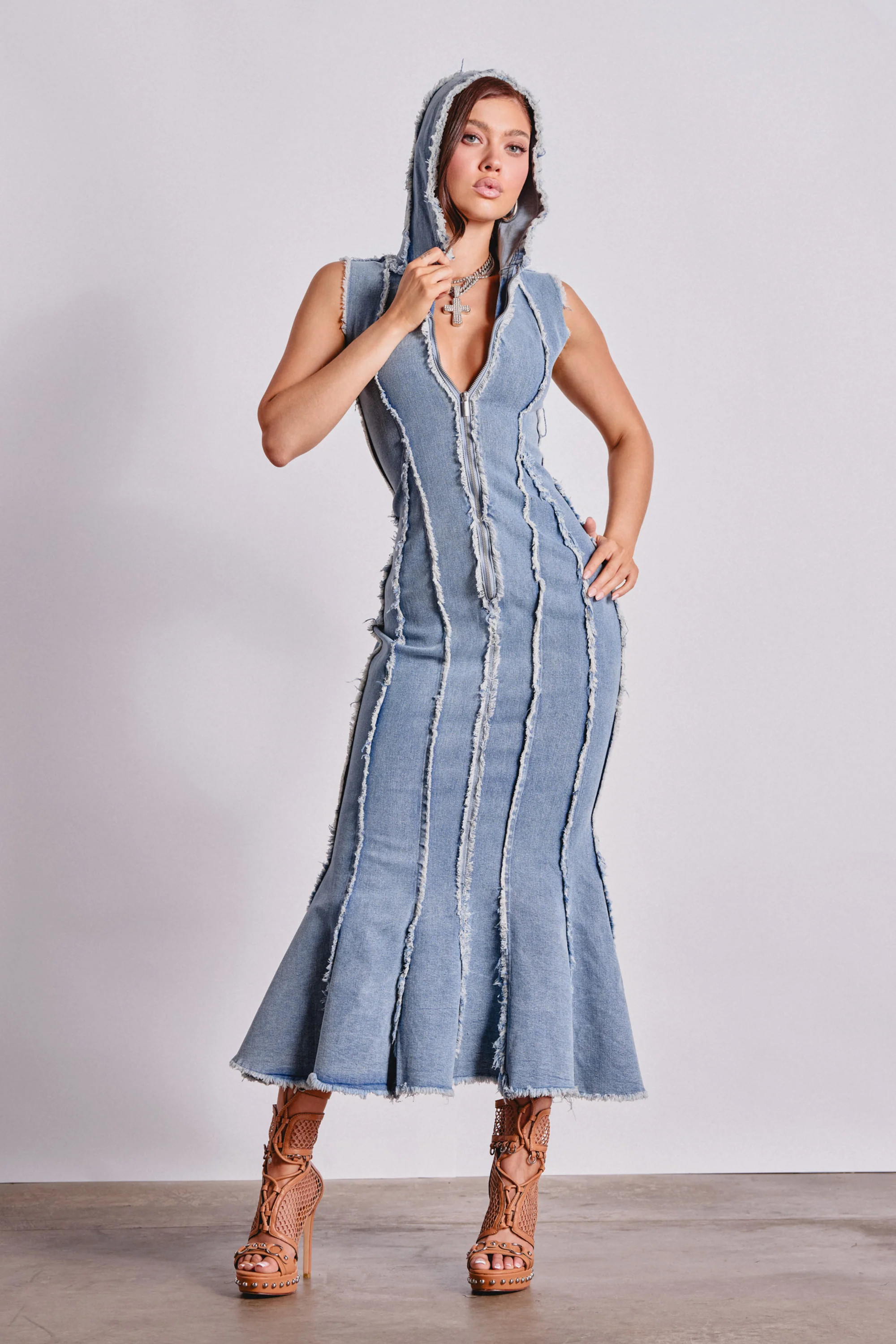 CATCH MY SWAG DENIM HOODED MAXI DRESS | AKIRA
