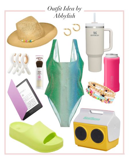 Colorful and glittery beach outfit! All the essentials for a perfect day by the water this summer. 

High leg glittery one piece fits true to size and is 50% OFF!!! Sandals run big. I’m normally an 8.5 and I have a 7! 

#LTKSeasonal #LTKswim #LTKunder100