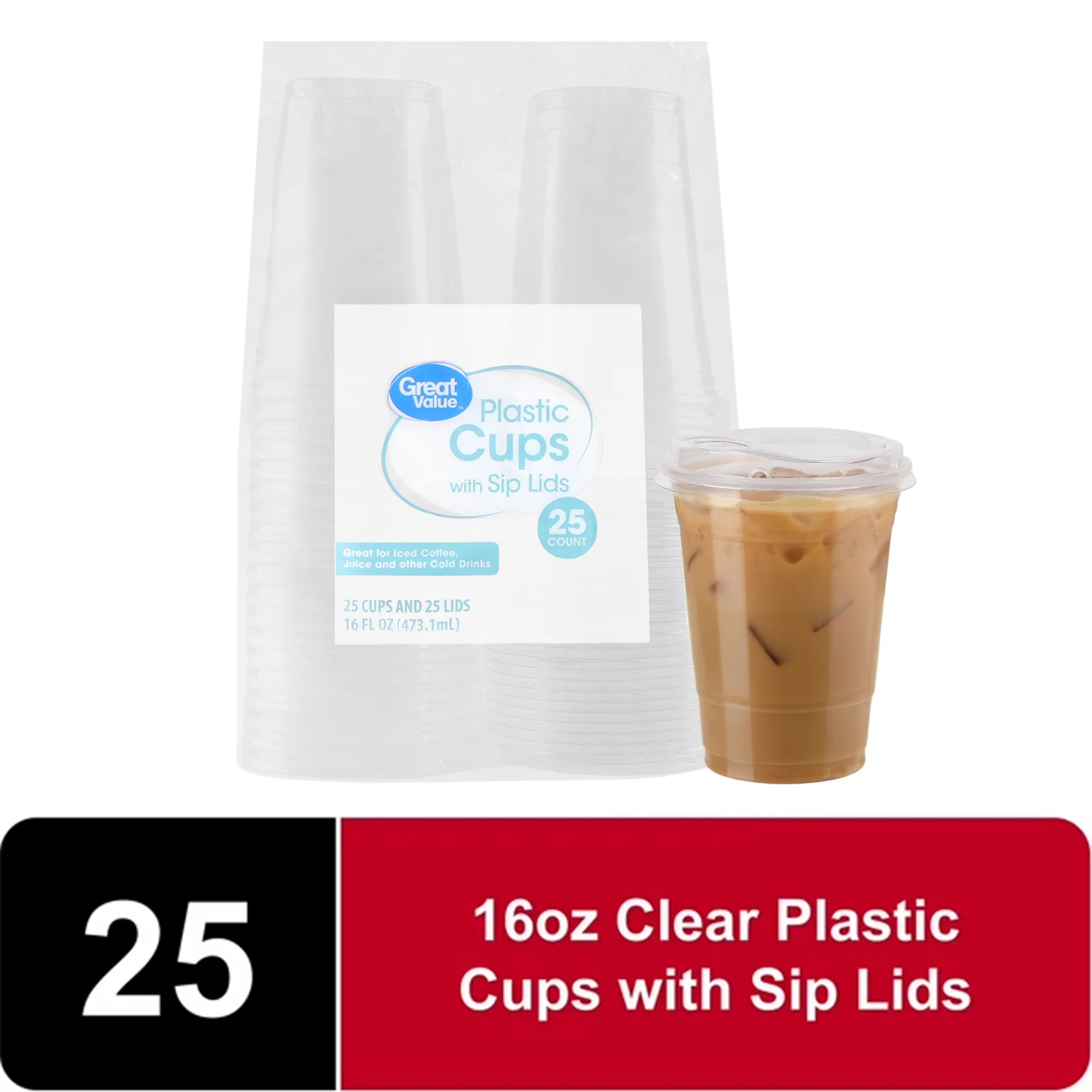 Great Value Disposable Plastic Cups and Lids, Clear, 16 oz, 25 Count, (Cup and Lid Combo) | Walmart (US)