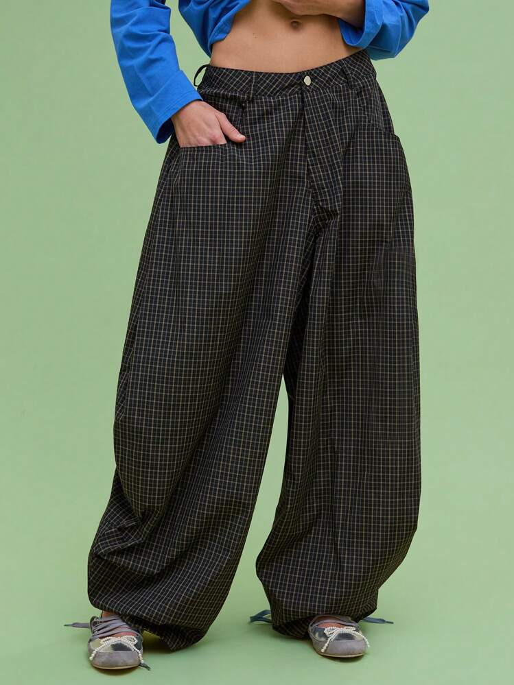 COUREZ Low Rise Baggy Barrell Fit Check Trousers /Y2K Casual Cotton Fall Women Clothes Winter Clothes For Women Wide Leg Pants | SHEIN