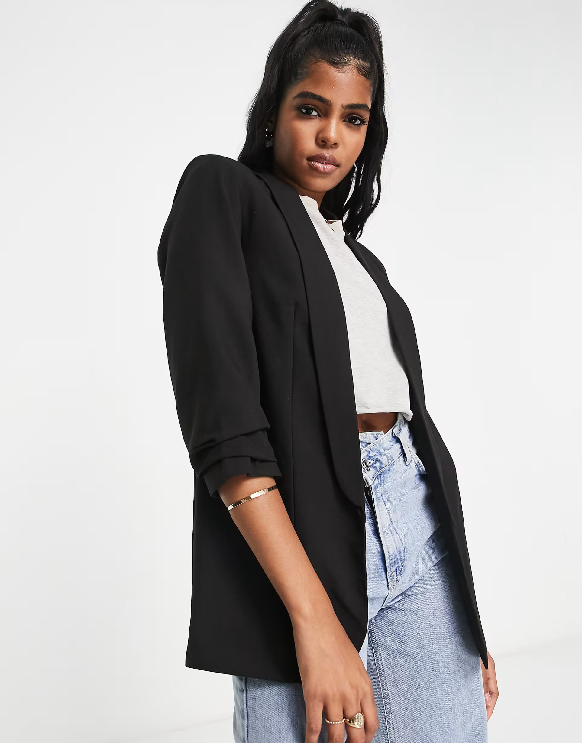 Pieces ruched sleeve blazer in black | ASOS (Global)