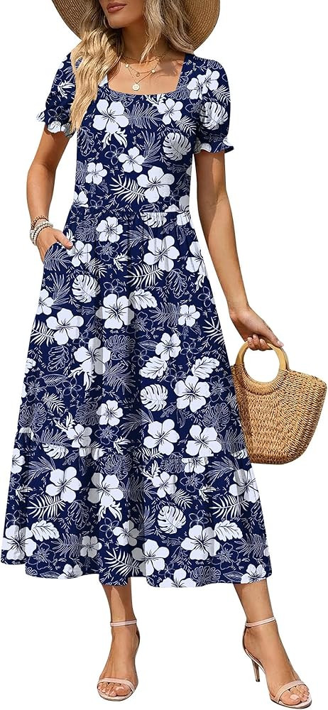 Zeagoo Summer Dresses for Women Flowy Casual Midi Dress Short Sleeve Tiered Dress Beach Vacation ... | Amazon (US)