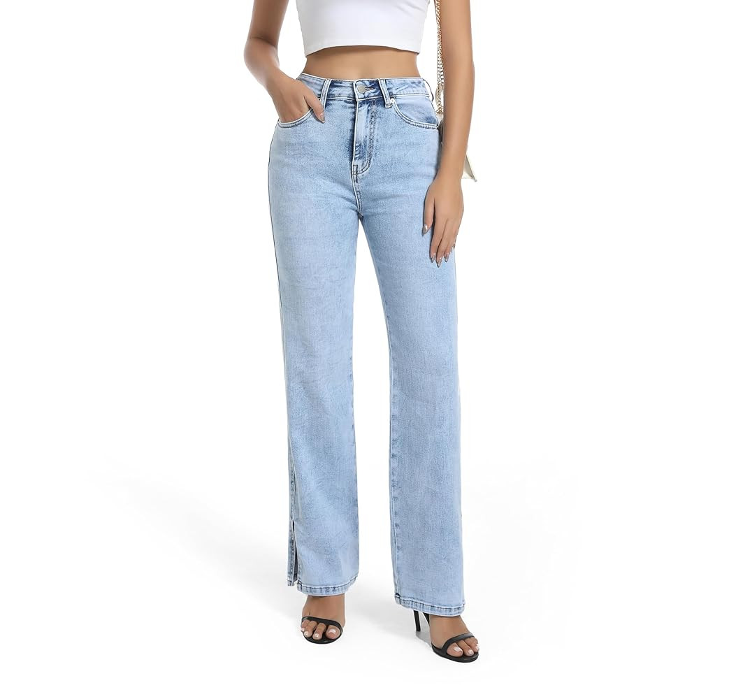 Womens Jeans High Waisted Stretchy Straight Leg Split Hem Jeans for Women Trendy Classic Denim | Amazon (US)