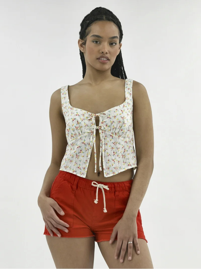 No Boundaries Tie-Front Woven Cotton Top, Women's | Walmart (US)