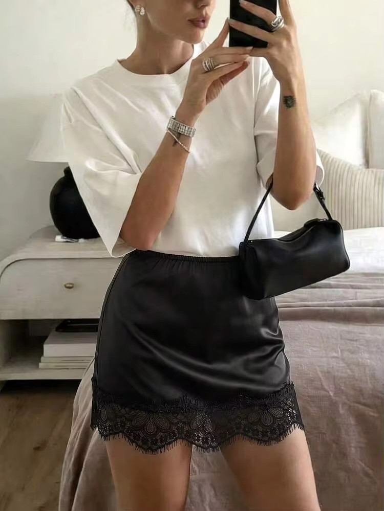 Easowa Women's Solid Color Contrast Lace Elegant Sexy A-Line Skirt Brunch Night Black Summer Nigh... | SHEIN