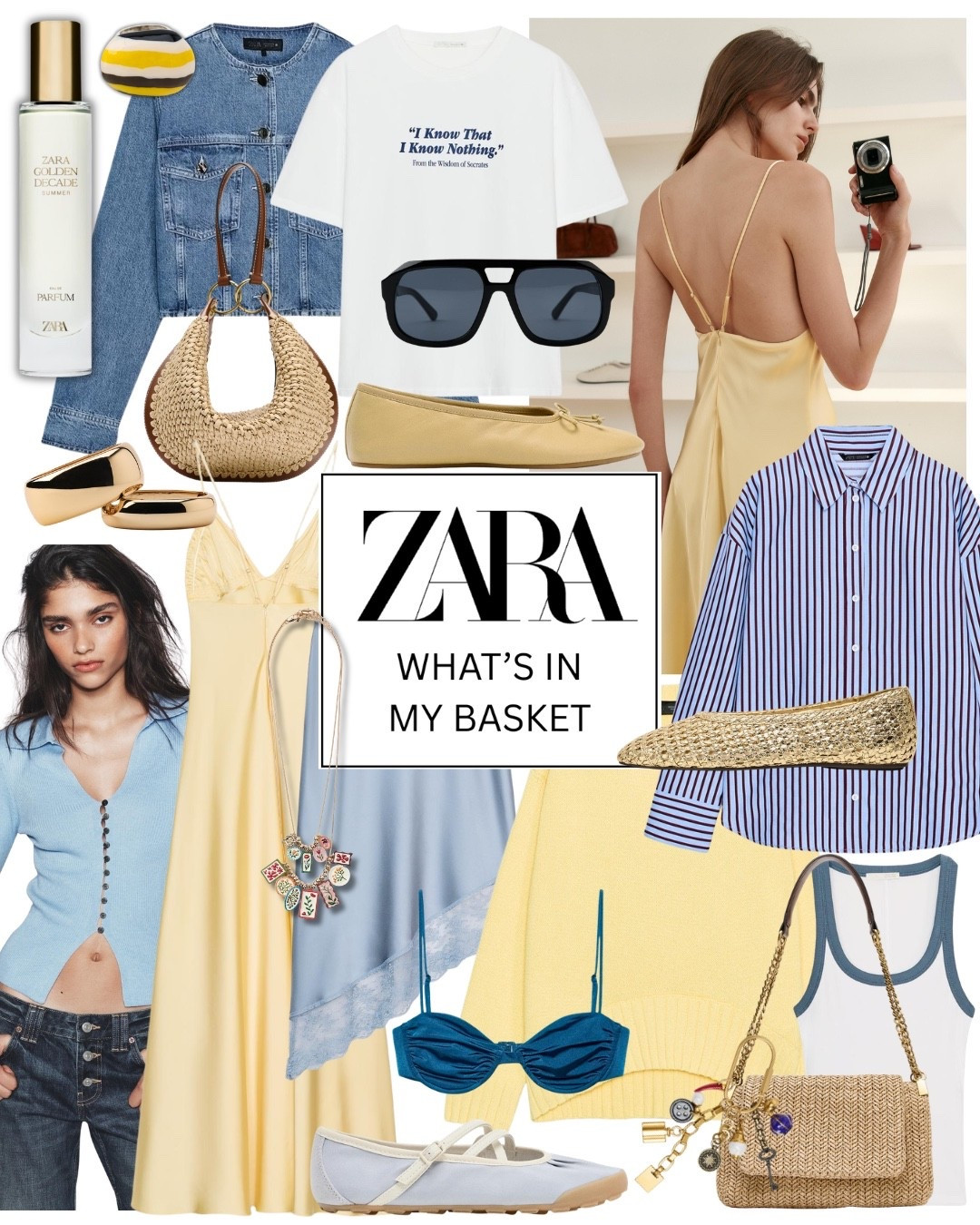 ZARA - What’s In My Basket 

Yellow dress striped shirt yellow jumper yellow ballet flats denim jacket blue cardigan black oversized sunglasses raffia bag blue bikini

#LTKspring #LTKuk #LTKeurope