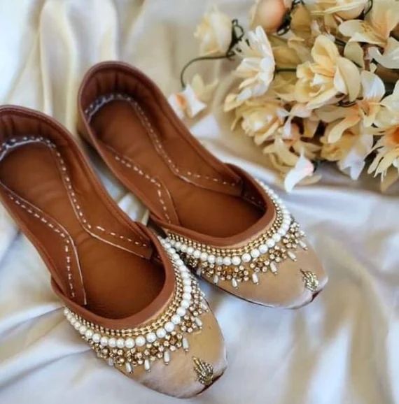 Read the full title
    Dull Gold Jutti Shoes for Women with Stones & Pearls, Beaded Punjabi Khus... | Etsy (US)