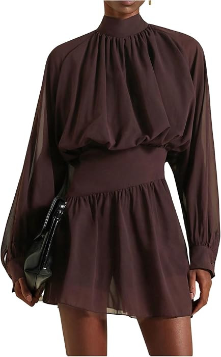 Floerns Women's Elegant Long Sleeve Mini Dress Mock Neck Pleated Cinched Waist Party Dresses | Amazon (US)