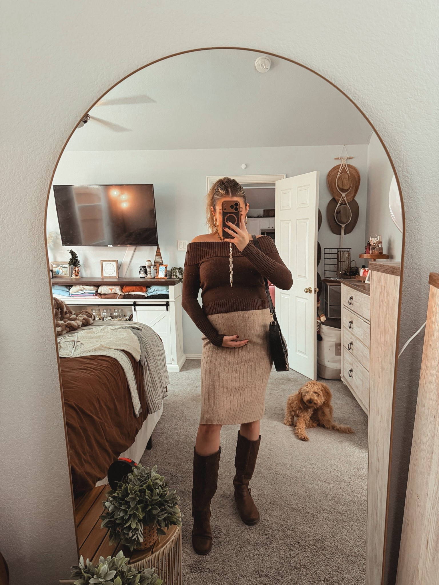 Cute maternity winter outfit. Sweater and skirt. Boots. 

#LTKFindsUnder100 #LTKFindsUnder50 #LTKBump