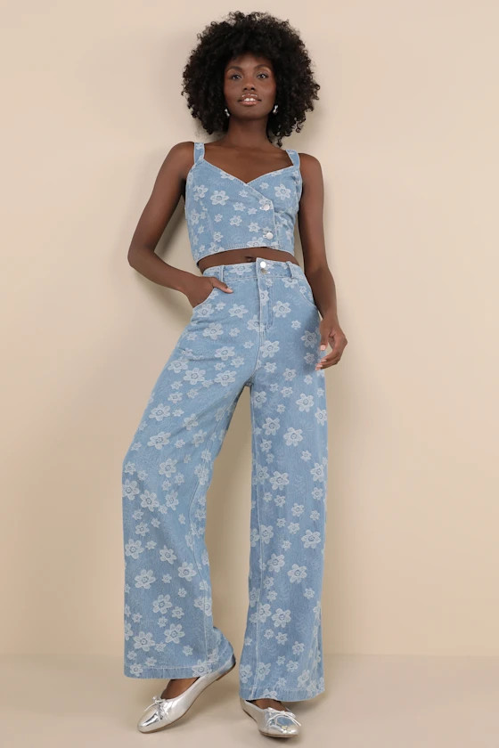 Poised Premise Medium Wash Floral Jacquard Wide-Leg Jeans | Lulus