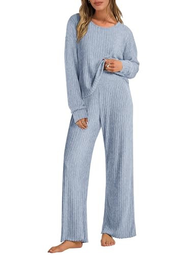 ANRABESS Women 2 Piece Lounge Pajamas Sets Casual Ribbed Knit Long Sleeve Top Pants Matching Set 2025 Fall Outfits Clothes Blue Medium | Amazon (US)