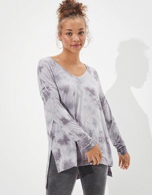 AE Soft & Sexy Long Sleeve V-Neck Tunic T-Shirt | American Eagle Outfitters (US & CA)