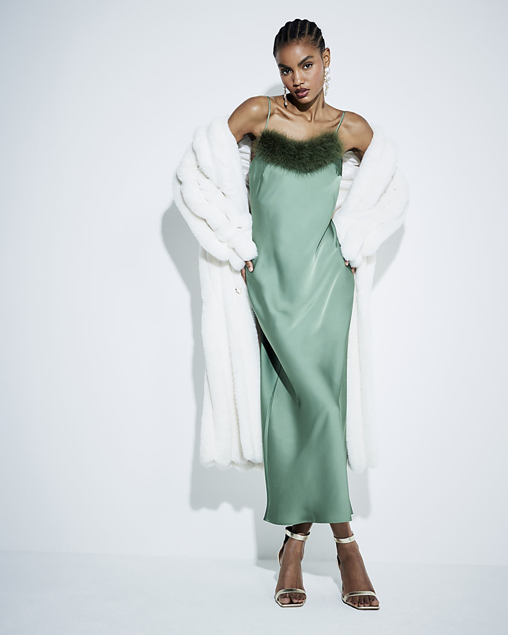 Green  Feather Trimmed Slip Dress | River Island UK & IE