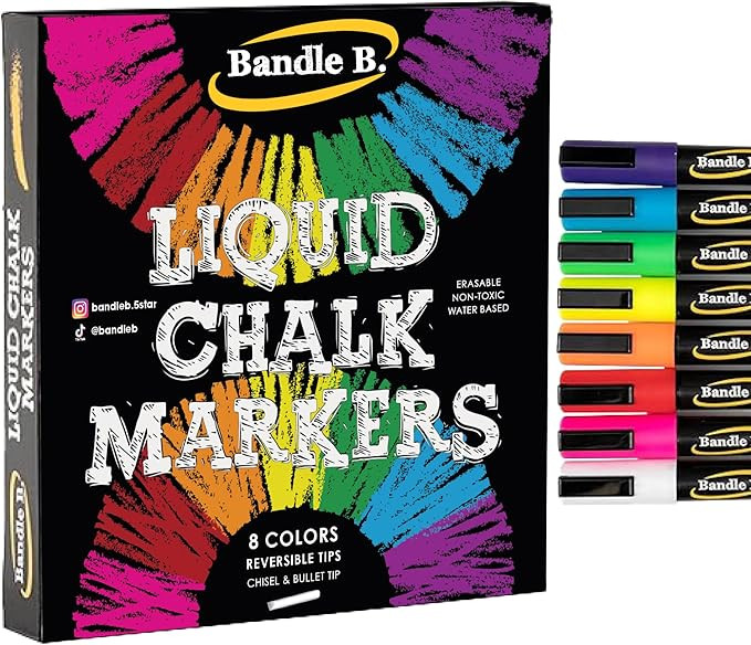 Bandle B. Chalk Markers - 8 Vibrant, Erasable, Non-Toxic, Water-Based, Reversible Tips. For Glass... | Amazon (US)