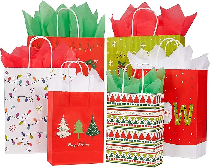 SUNCOLOR Pack of 24 Christmas Gift Bags Assorted Sizes With Tissue paper (8 Large 13", 8 Medium 1... | Amazon (US)
