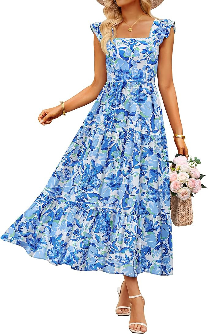 ZESICA Women's Summer Boho Floral Midi Dress 2026 Casual Ruffle Cap Sleeve Beach Wedding Guest Fl... | Amazon (US)