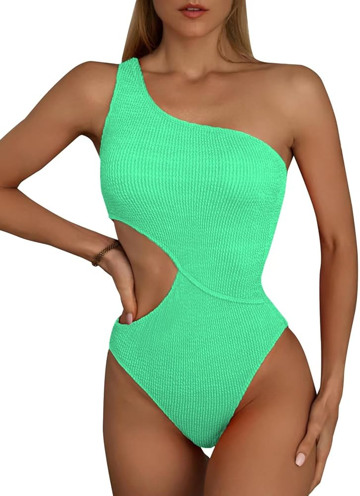 Women's Cutout One Piece Swimsuit One Shoulder Swimwear Ribbed Monokini Bathing Suits | Amazon (US)