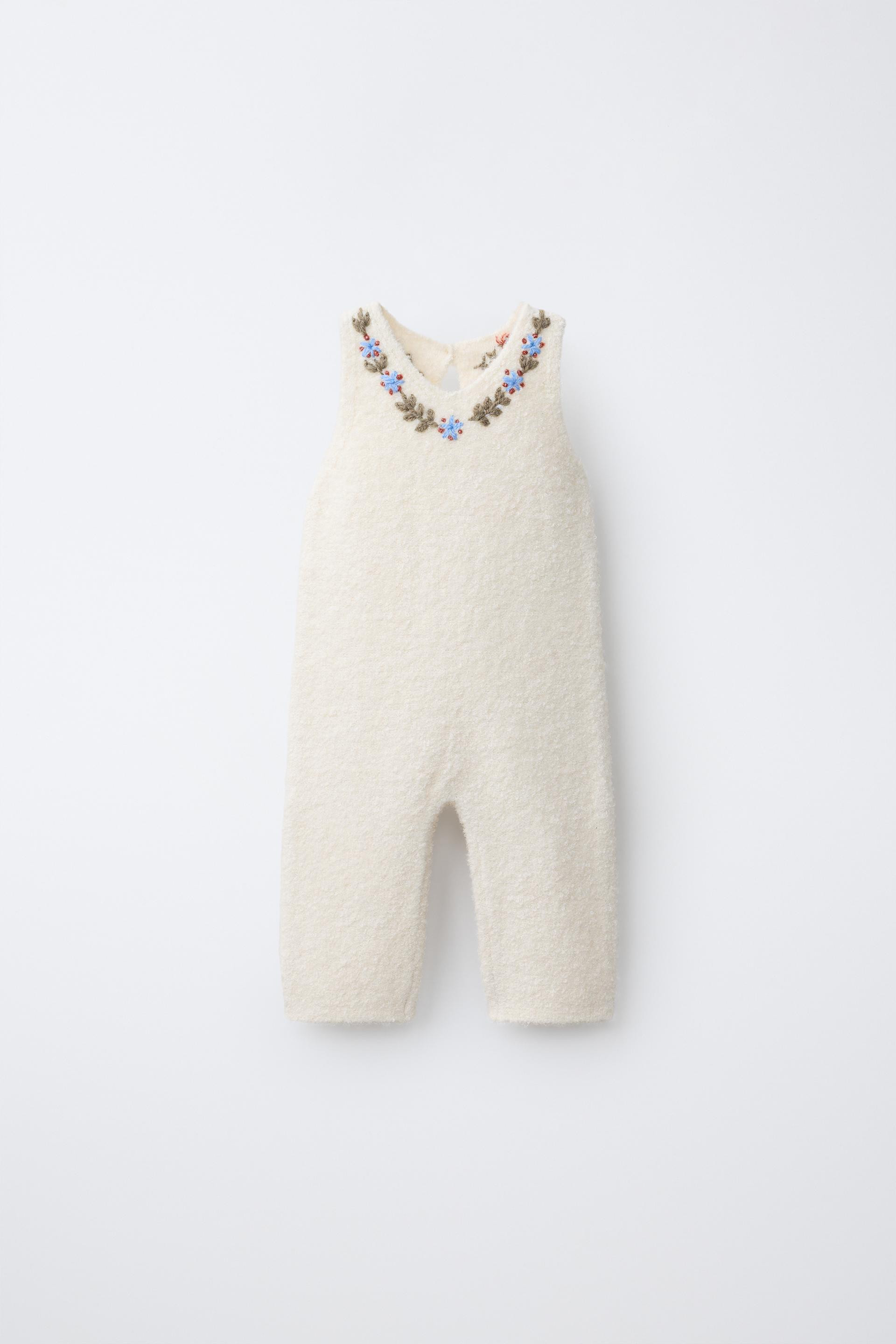 Zara - Embroidered Floral Knit Jumpsuit - Ecru - 6-9 Months (29,1 Inches) - Kids | Zara US