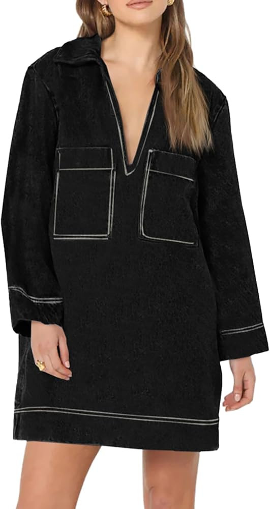 Wenrine Womens Denim Shirt Dress Long Sleeve V Neck Loose Casual Jean Mini Dress with Pockets Lig... | Amazon (US)