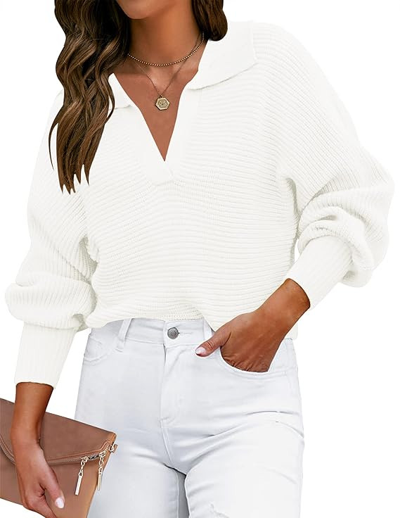 ZESICA Women's 2023 Fall Lapel Collar V Neck Long Sleeve Ribbed Knit Comfy Loose Casual Pullover ... | Amazon (US)