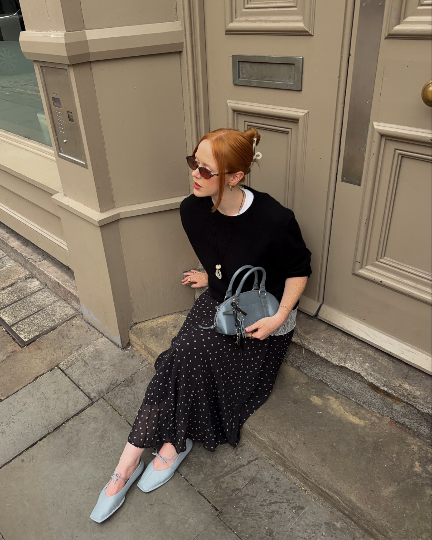 Jumper, Knitwear, Polka Dot Skirt, Alohas, Ballet Flats, Baby Blue, Black, Monochrome, Style Inspo