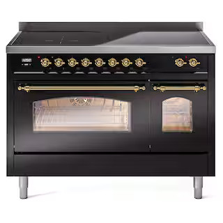 Nostalgie II 48 in. Induction Range with 6-Elements, Brass Trim in Glossy Black | The Home Depot