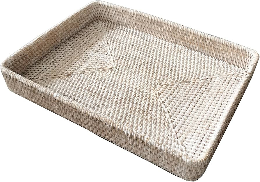 i-lan 17" White Washed Rattan Woven Large Serving Tray Platter for Ottoman,White Rectangular Bask... | Amazon (US)
