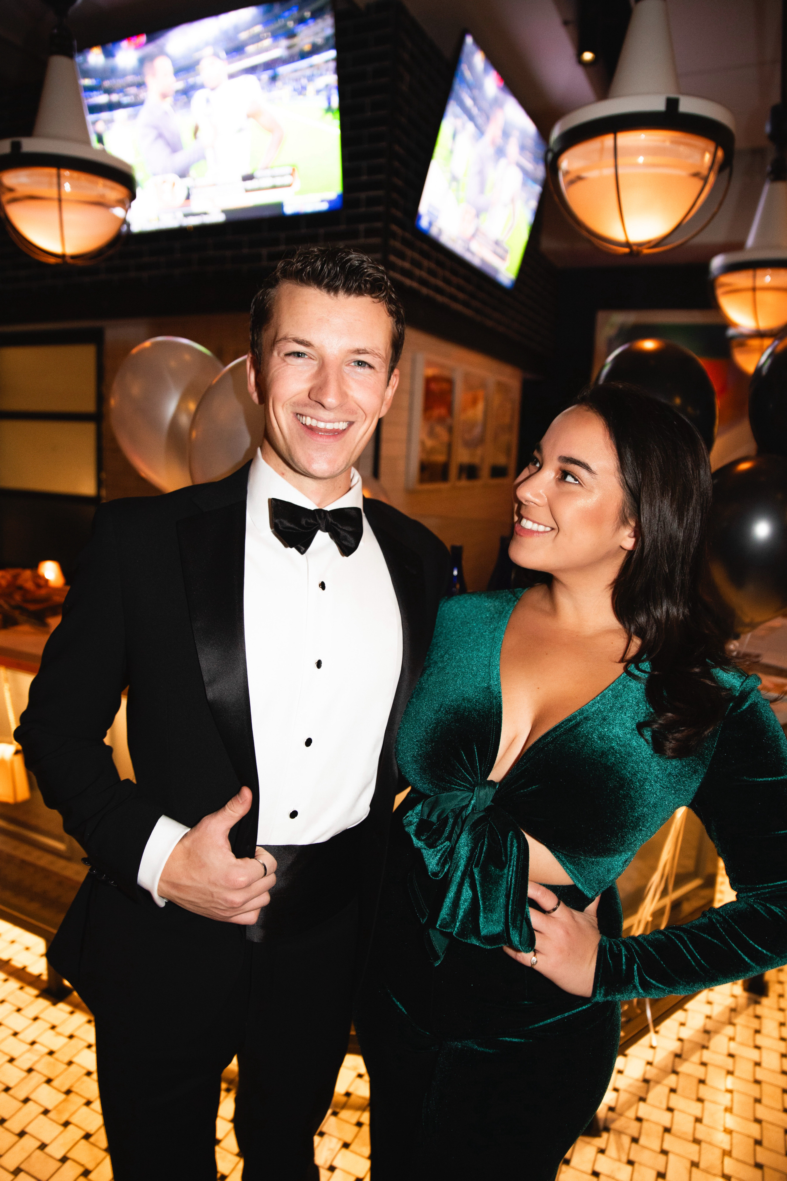 Perfect couples look for a black tie event! I wore this velvet green jumpsuit and it was so comfortable I loved it and I have 34DD bra size and it worked great with no bra at all! 

 #LTKMidsize #LTKParties #LTKStyleTip