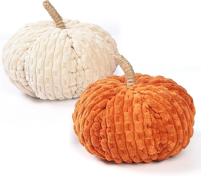 2pcs Faux Pumpkins Fall Harvest Fabric Plush Pumpkin Thanksgiving Halloween Decor for Table Cente... | Amazon (US)