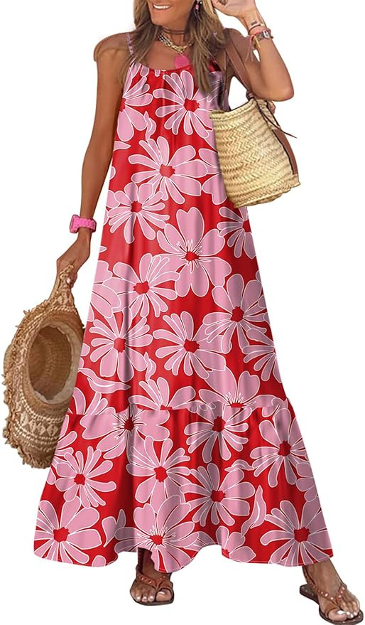 Dokotoo Women Summer Dresses 2025 Spaghetti Strap Scoop Neck Smocked Ruffle Flowy Boho Maxi Dress | Amazon (US)