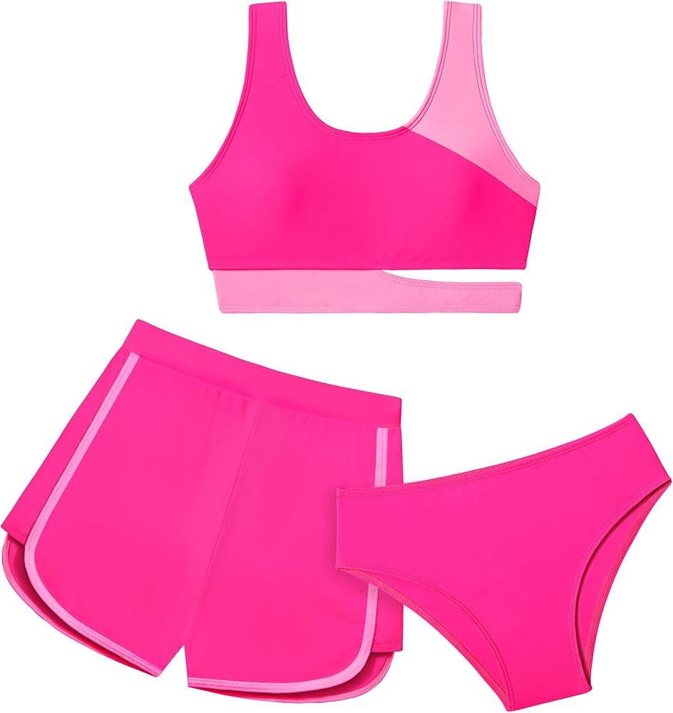 NECIOUS Girls Swimsuit Bikini Set, 3 Piece Girl Bathing Suits Color Block Cutout Swimwear with Sh... | Amazon (US)