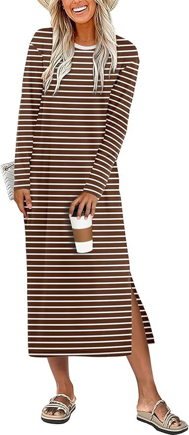 ANRABESS Long Sleeve Midi Dresses for Women Fall Fashion Casual Vacation Crewneck Loose Split Str... | Amazon (US)
