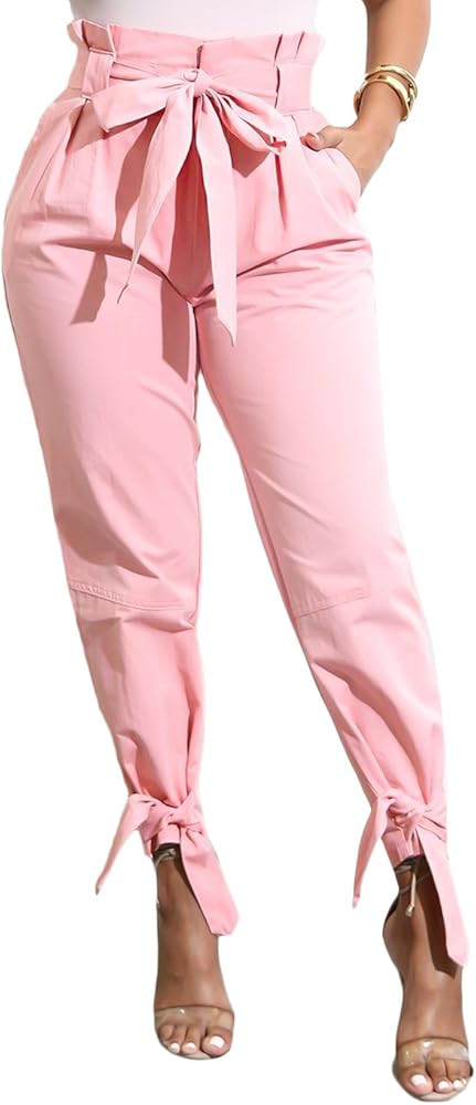 Yissang Women's Casual Loose Paper Bag Waist Long Pants Trousers with Bow Tie Belt Pockets | Amazon (US)