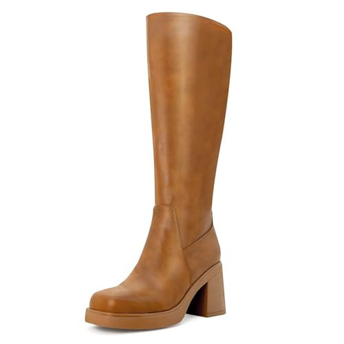 HEIFIN Platform Knee High Boots Women Brown Leather Tall Boots For Women Square Toe Chunky Block Heel Long Boots with Side Zipper | Amazon (US)
